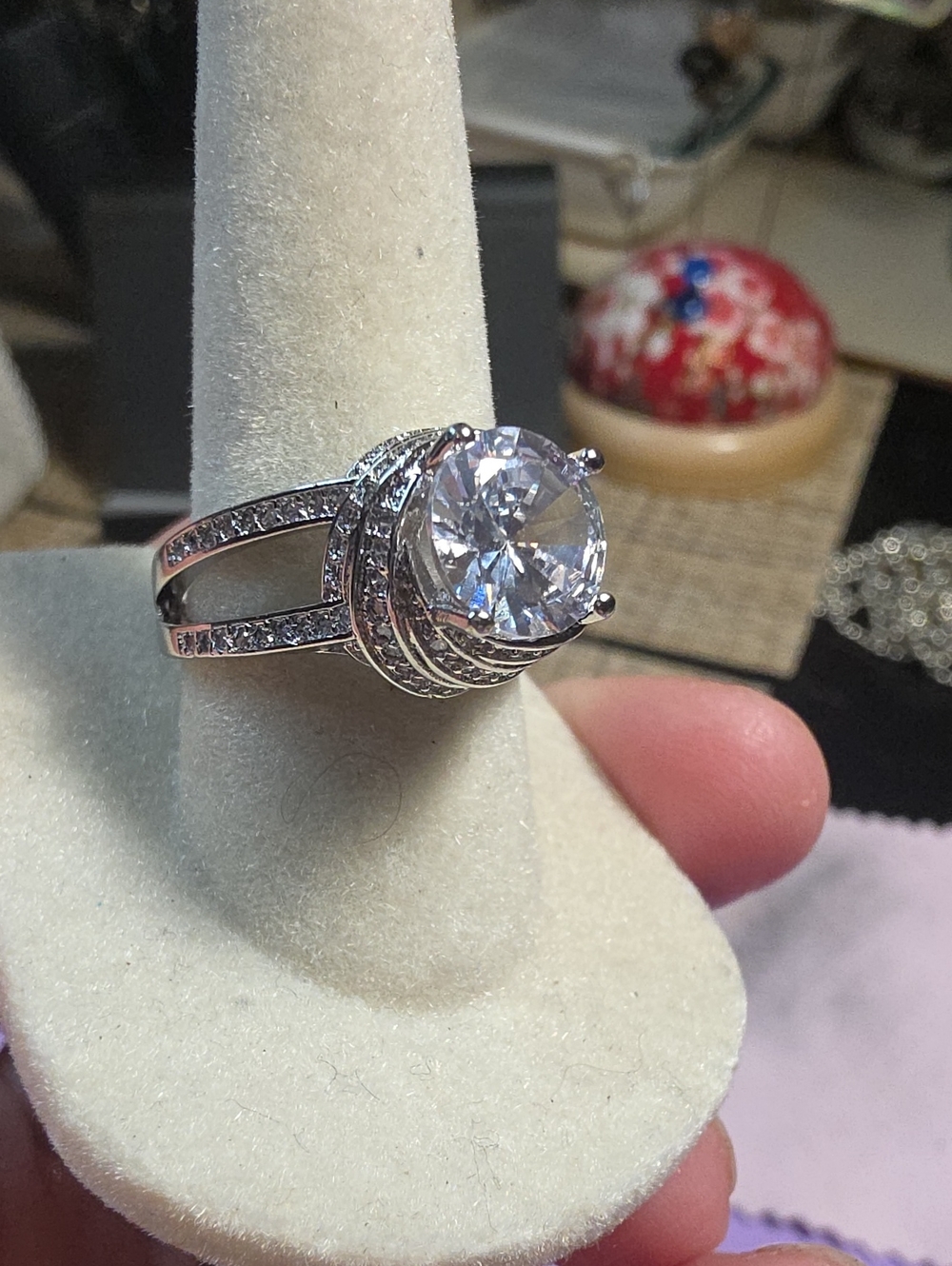 Silver Halo Ring with Large White Cubic Stone